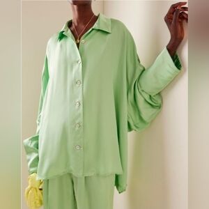 Sleeper Womens Sizeless Green Oversized Satin Pajama Top